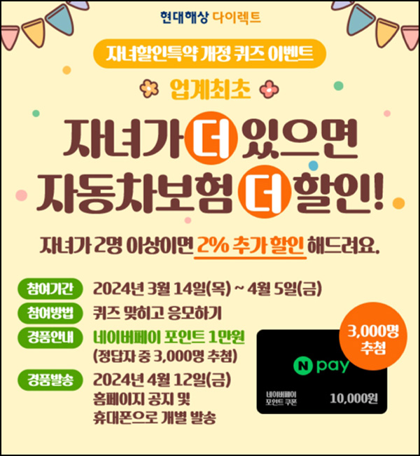 현대해상 퀴즈이벤트(네페 1만원 3,000명)추첨 ~04.05 현대해상 퀴즈이벤트(네페 1만원 3,000명)추첨 ~04.05
