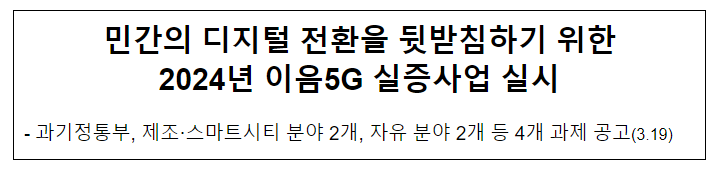 민간의 디지털 전환을 뒷받침하기 위한 2024년 이음5G 실증사업 실시