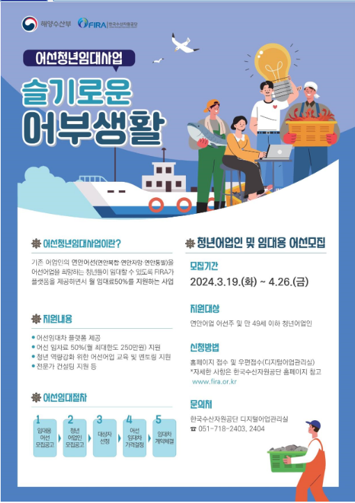 청년어업인에게 어선 임차료(50%)와 교육 등 지원 청년어업인에게 어선 임차료(50%)와 교육 등 지원
