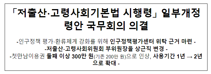 「저출산 · 고령사회기본법 시행령」 일부개정령안 국무회의 의결 「저출산 · 고령사회기본법 시행령」 일부개정령안 국무회의 의결