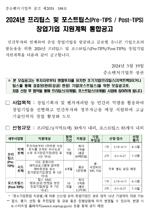 2024년 1차 프리팁스 및 포스트팁스(Pre-TIPSㆍPost-TIPS) 창업기업 지원계획 통합공고