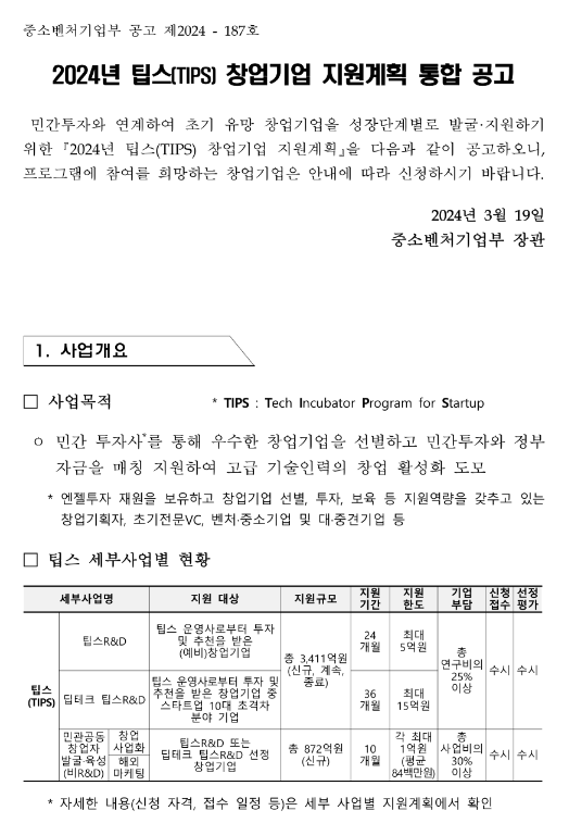 2024년 팁스(TIPS) 창업기업 지원계획 통합 공고