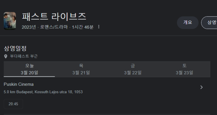  헝가리에서 한국 영화보기 (영화 패스트 라이브즈)