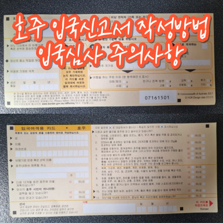  호주 입국신고서 작성 방법 입국심사 의약품 상비약 햇반 라면 주의사항