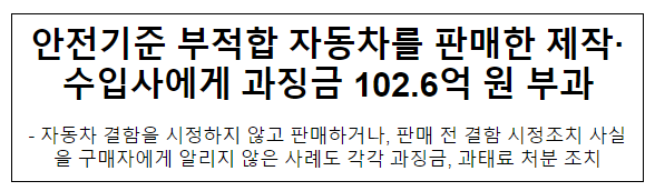 안전기준 부적합 자동차를 판매한 제작·수입사에게 과징금 102.6억 원 부과 안전기준 부적합 자동차를 판매한 제작·수입사에게 과징금 102.6억 원 부과