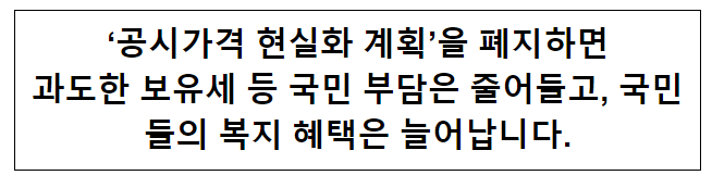 ‘공시가격 현실화 계획’을 폐지하면 과도한 보유세 등 국민 부담은 줄어들고, 국민들의 복지 혜택은 늘어납니다.