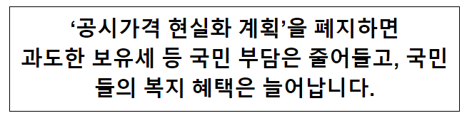 ‘공시가격 현실화 계획’을 폐지하면 과도한 보유세 등 국민 부담은 줄어들고, 국민들의 복지 혜택은 늘어납니다. ‘공시가격 현실화 계획’을 폐지하면 과도한 보유세 등 국민 부담은 줄어들고, 국민들의 복지 혜택은 늘어납니다.