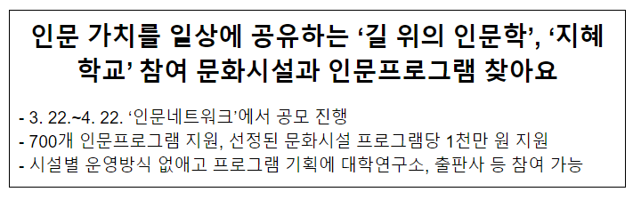인문 가치를 일상에 공유하는 ‘길 위의 인문학’, ‘지혜학교’ 참여 문화시설과 인문프로그램 찾아요 인문 가치를 일상에 공유하는 ‘길 위의 인문학’, ‘지혜학교’ 참여 문화시설과 인문프로그램 찾아요