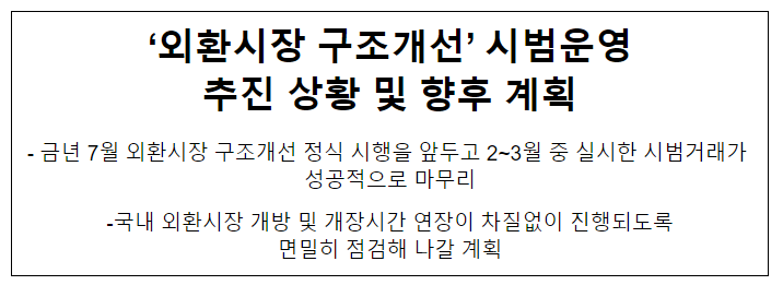 「외환시장 구조개선」 시범운영 추진 상황 및 향후 계획