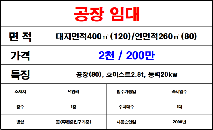  김해 주촌 덕암리 소형공장 임대