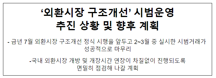 「외환시장 구조개선」 시범운영 추진 상황 및 향후 계획 「외환시장 구조개선」 시범운영 추진 상황 및 향후 계획