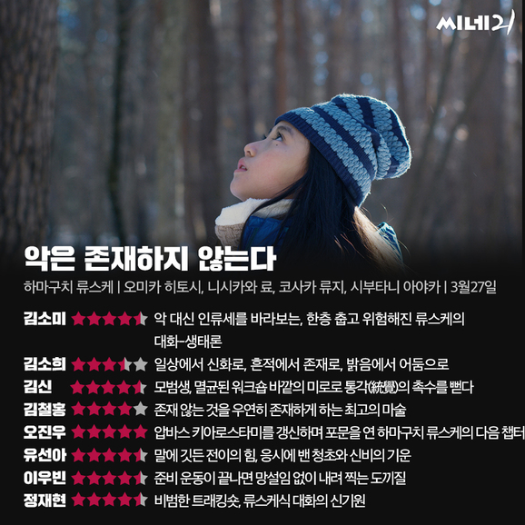 씨네21 2024년 3월 4주 영화 별점 한줄평(악은 존재하지 않는다, 댓글부대, 스파이패밀리 코드: 화이트 등) 씨네21 2024년 3월 4주 영화 별점 한줄평(악은 존재하지 않는다, 댓글부대, 스파이패밀리 코드: 화이트 등)