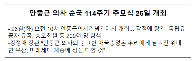 안중근 의사 순국 114주기 추모식 26일 개최 안중근 의사 순국 114주기 추모식 26일 개최