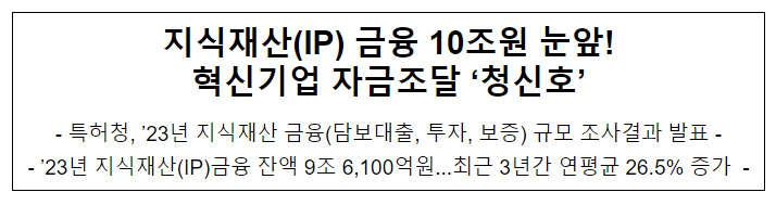 지식재산(IP) 금융 10조원 눈앞! 혁신기업 자금조달 ‘청신호’ 지식재산(IP) 금융 10조원 눈앞! 혁신기업 자금조달 ‘청신호’