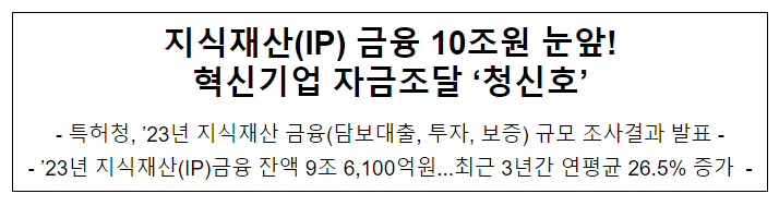 지식재산(IP) 금융 10조원 눈앞! 혁신기업 자금조달 ‘청신호’