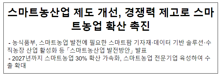 스마트농산업 제도 개선, 경쟁력 제고로 스마트농업 확산 촉진 스마트농산업 제도 개선, 경쟁력 제고로 스마트농업 확산 촉진