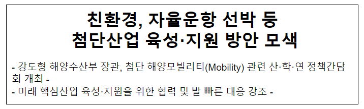 친환경, 자율운항 선박 등 첨단산업 육성·지원 방안 모색 친환경, 자율운항 선박 등 첨단산업 육성·지원 방안 모색
