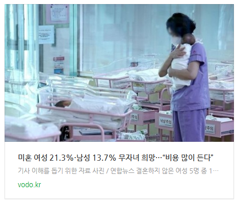 [뉴스] 미혼 여성 21.3%·남성 13.7% 무자녀 희망…“비용 많이 든다”