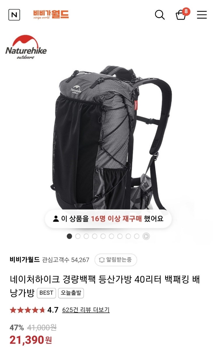  네이처하이크 경량백팩 60리터, 등산가방
