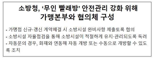 소방청, ‘무인 빨래방’ 안전관리 강화 위해 가맹본부와 협의체 구성 소방청, ‘무인 빨래방’ 안전관리 강화 위해 가맹본부와 협의체 구성