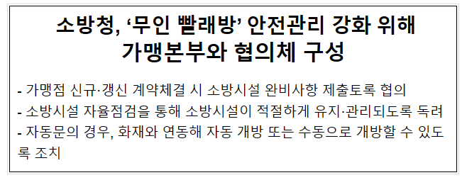 소방청, ‘무인 빨래방’ 안전관리 강화 위해 가맹본부와 협의체 구성