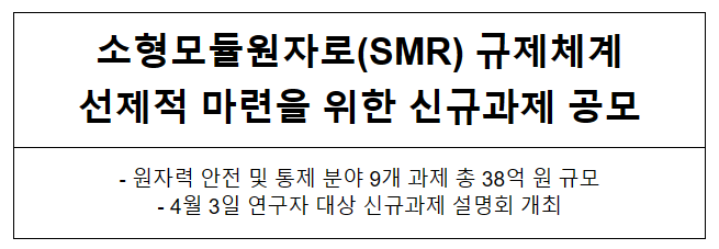 소형모듈원자로(SMR) 규제체계 선제적 마련을 위한 신규과제 공모 소형모듈원자로(SMR) 규제체계 선제적 마련을 위한 신규과제 공모