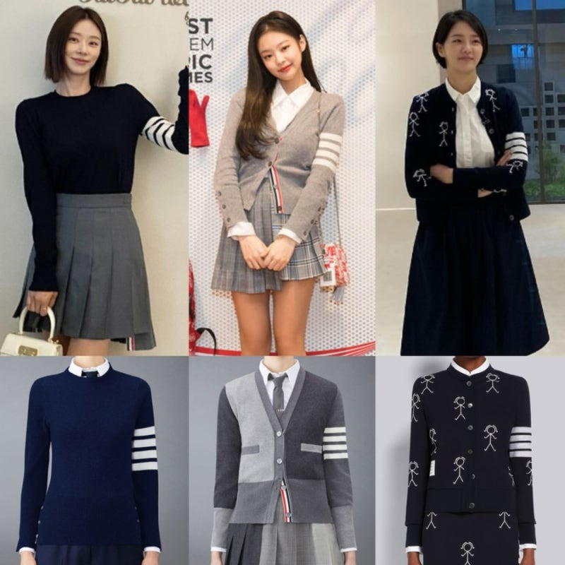 톰브라운 니트 밀라노스티치 캐시미어 네이비, 회색 여성 가디건 코디