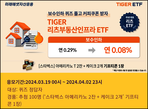 TIGER 리츠부동산인프라 ETF 퀴즈이벤트(스벅세트 100명)추첨 TIGER 리츠부동산인프라 ETF 퀴즈이벤트(스벅세트 100명)추첨