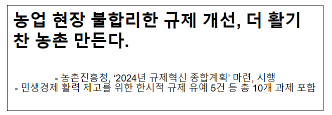 농업 현장 불합리한 규제 개선, 더 활기찬 농촌 만든다. 농업 현장 불합리한 규제 개선, 더 활기찬 농촌 만든다.