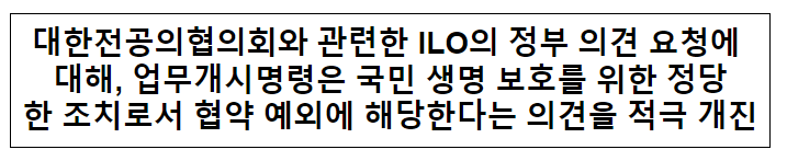 대한전공의협의회와 관련한 ILO의 정부 의견 요청에 대해, 업무개시명령은 국민 생명 보호를 위한 정당한 조치로서 협약 예외에 해당한다는 의견을 적극 개진