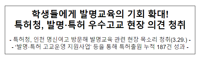 학생들에게 발명교육의 기회 확대! 특허청, 발명·특허 우수고교 현장 의견 청취 학생들에게 발명교육의 기회 확대! 특허청, 발명·특허 우수고교 현장 의견 청취