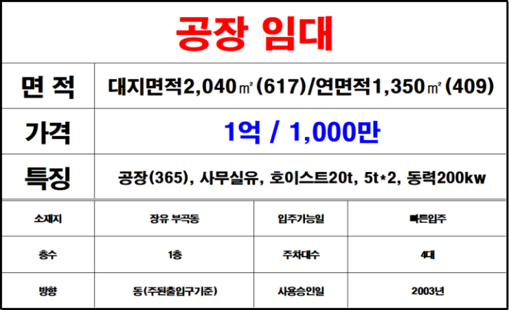  김해 장유 부곡동 유하동 공업지역에 위치한 장유 공장 임대