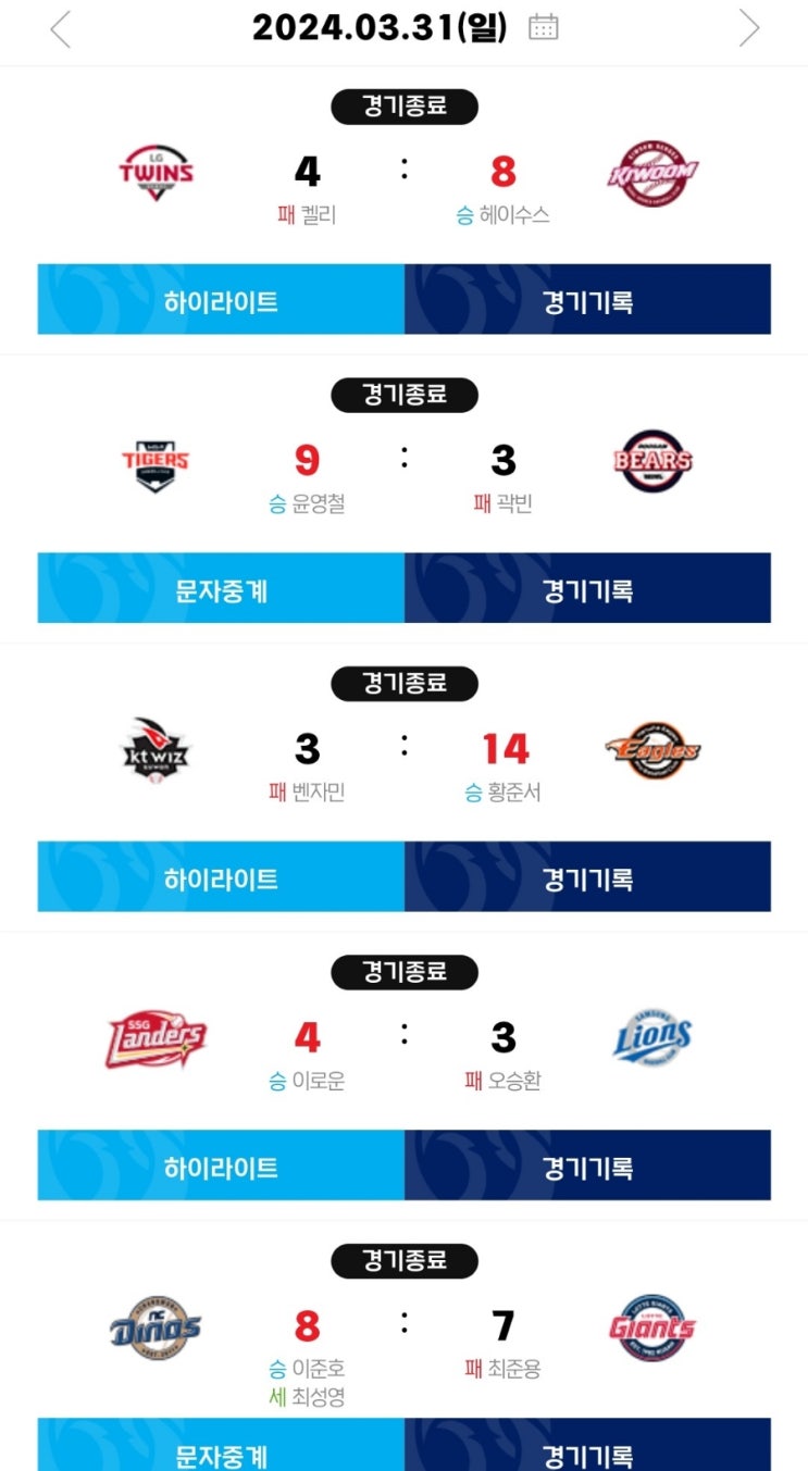 [KBO] 24.03.31 경기 결과(키움엘지, 기아두산, 한화KT... 