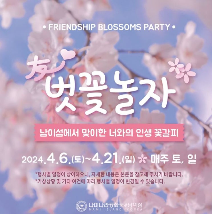  2024 남이섬 벗꽃놀자 벚꽃축제 볼거리 놀거리 강원도 춘천 당일치기 애견동반 여행 가볼만한곳