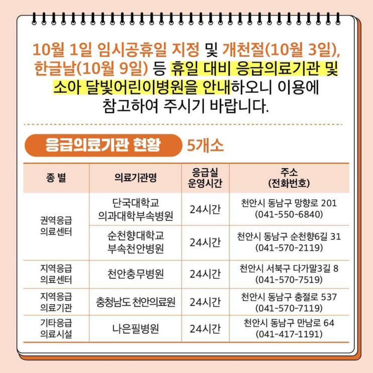 천안시 응급의료기관 및 소아 달빛어린이병원 운영 안내 | 천안시청페이스북