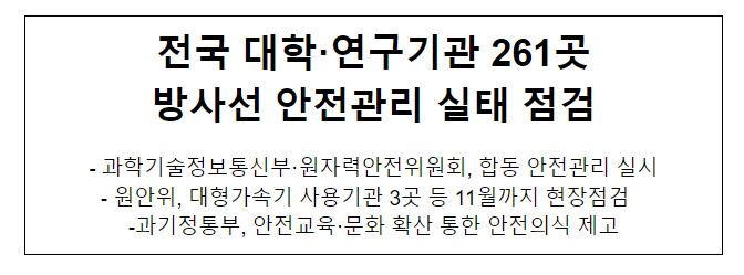 (공동)전국 대학·연구기관 261곳 방사선 안전관리 실태 점검 (공동)전국 대학·연구기관 261곳 방사선 안전관리 실태 점검