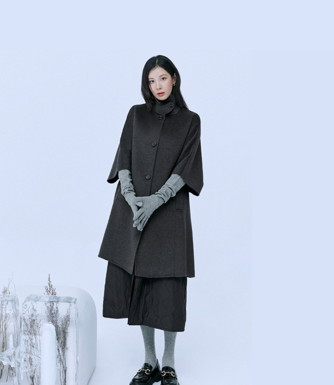  서현과 함께한 가을/겨울 더엣지 24FW 신상 핸드메이드 트레이프성 캐시미어 가공의 케이프 여성 롱 코트의 매력
