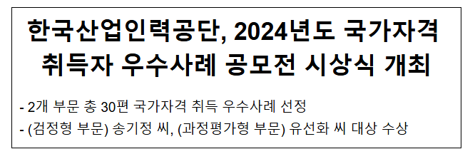 한국산업인력공단, 2024년도 국가자격 취득자 우수사례 공모전 시상식 개최 한국산업인력공단, 2024년도 국가자격 취득자 우수사례 공모전 시상식 개최