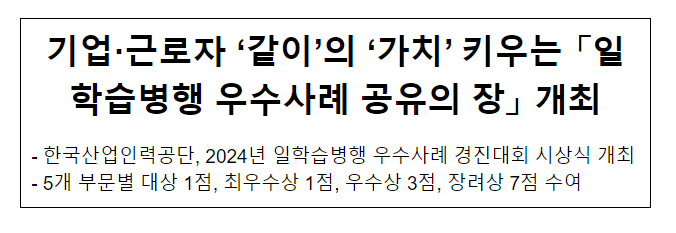 기업·근로자 ‘같이’의 ‘가치’ 키우는 「일학습병행 우수사례 공유의 장」 개최 기업·근로자 ‘같이’의 ‘가치’ 키우는 「일학습병행 우수사례 공유의 장」 개최