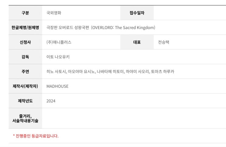  오버로드 성왕국편 국내심의접수 확인