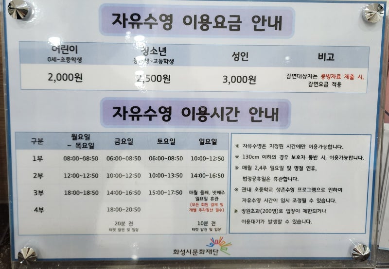 동탄복합문화센터수영장 자유수영 이용시간