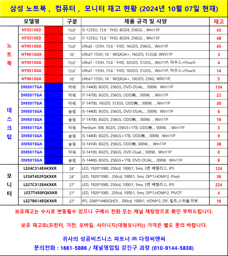  [삼성컴퓨터/노트북/모니터] 10월 7일 IT제품 재고 현황