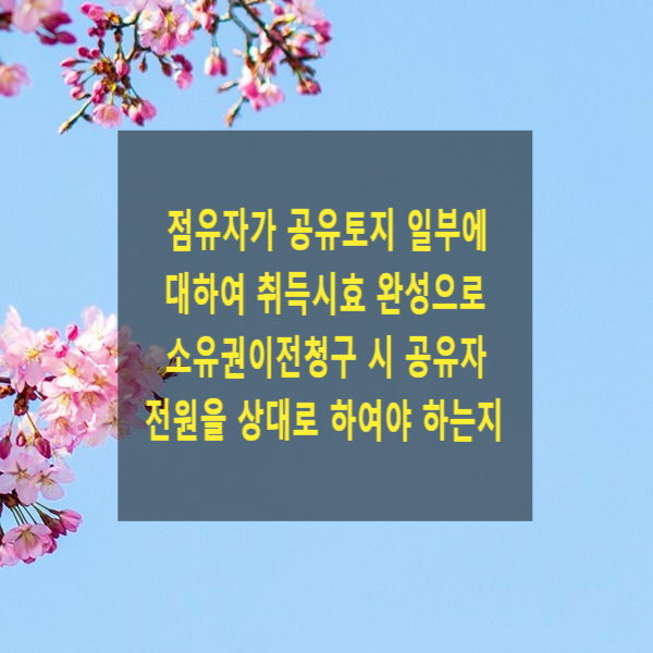  점유자가 공유토지 일부에 대하여 취득시효 완성으로 소유권이전청구 시 공유자 전원을 상대로 하여야 하는지