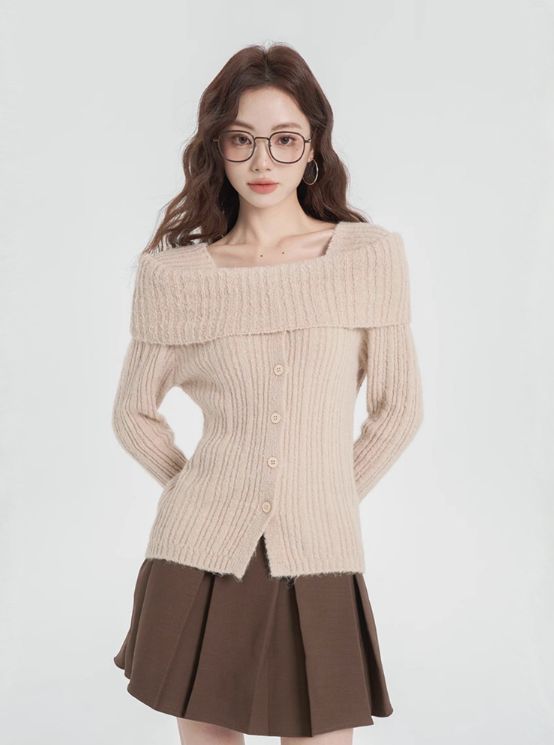  오프 숄더 페미닌 골지 단추 니트 티셔츠 5color