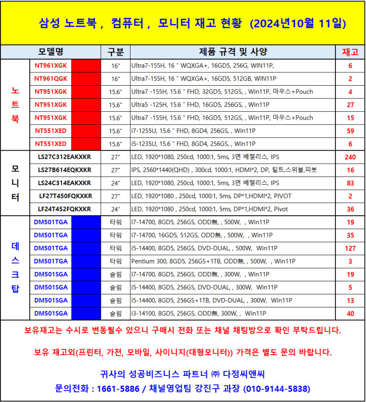  [삼성컴퓨터/노트북/모니터] 10월 11일 IT제품 재고 현황