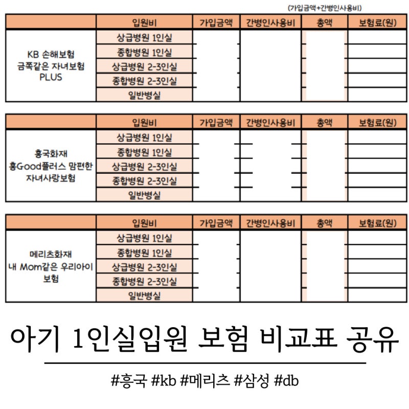 아기간병인보험 아기1인실보험 5개 회사 비교 파일 공유