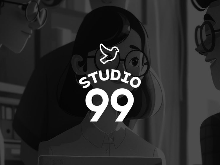  "STUDIO 99" 웹툰작가 스튜디오의 유쾌하고 친근한 비둘기가 날아오르는 로고디자인 이야기