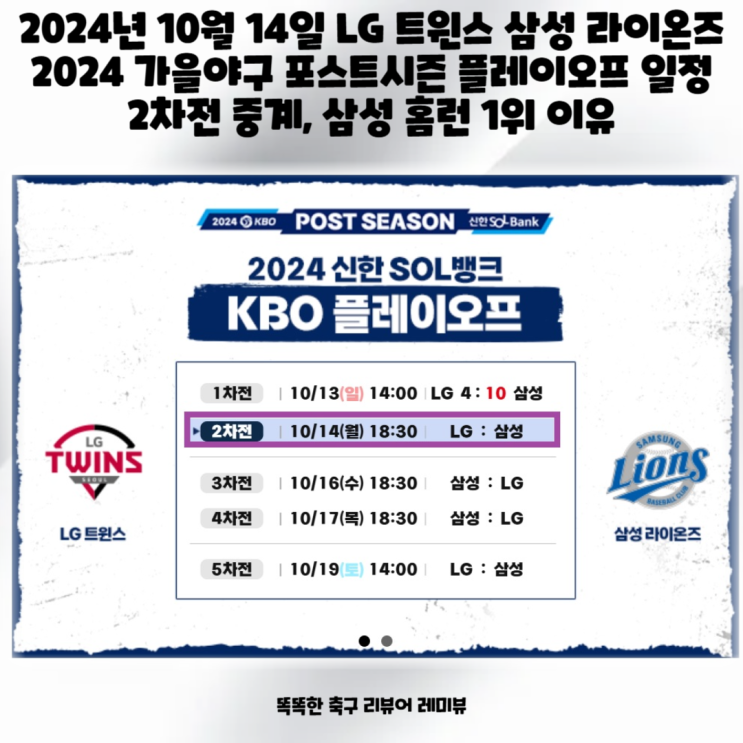 2024년 10월 14일 LG 트윈스 삼성 라이온즈 2024 가을야구 포스트시즌 플레이오프 일정 2차전 중계, 삼성 홈런 1위 이유 2024년 10월 14일 LG 트윈스 삼성 라이온즈 2024 가을야구 포스트시즌 플레이오프 일정 2차전 중계, 삼성 홈런 1위 이유