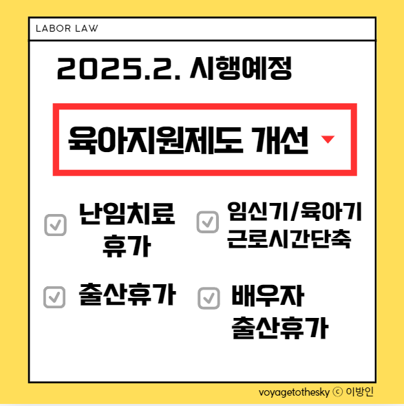  2025년 2월부터 바뀔 예정인 육아지원제도 I 난임치료휴가 I 임신기근로시간단축 I 출산전후휴가 I 배우자 출산휴가