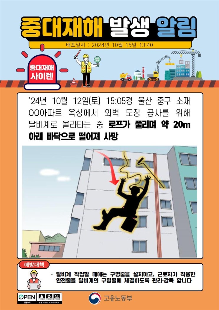  중대재해 발생 알리미, 지난 토요일 또 달비계 사망자 발생